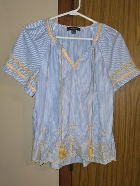 Primark Light Blue and Gold Embroidered Striped Blouse